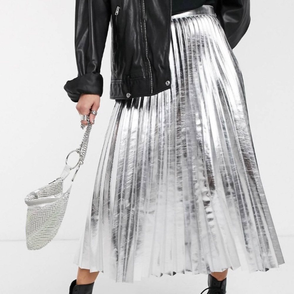 Rare Faux leather pleated skirt silver TOPSHOP